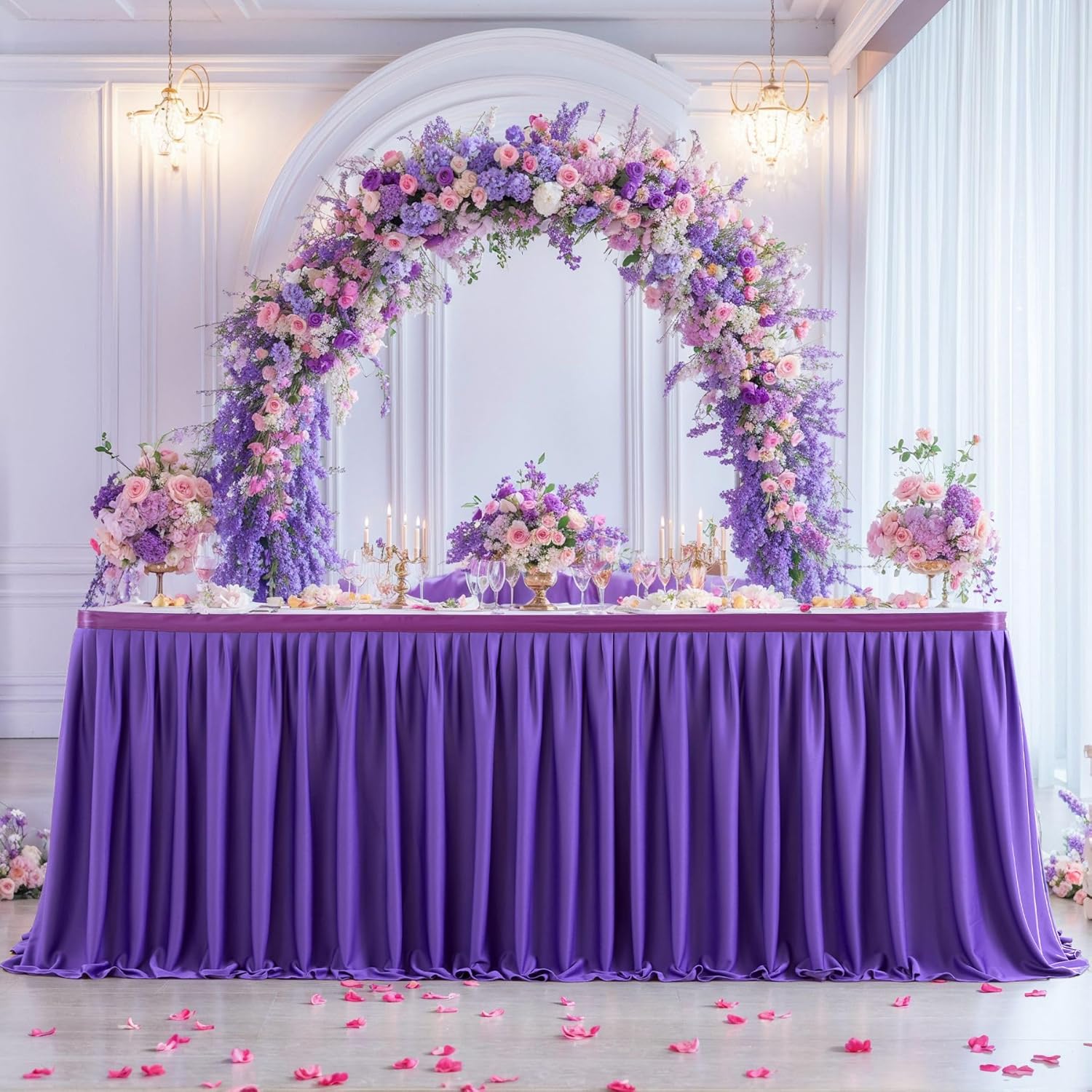 Partisky Purple Polyester Table Skirt for Rectangle Tables 9ft, Wrinkle Resistant Pleated Ruffle Table Cloth for Banquet Wedding Trade Baby Shower Display Gift Dining Table